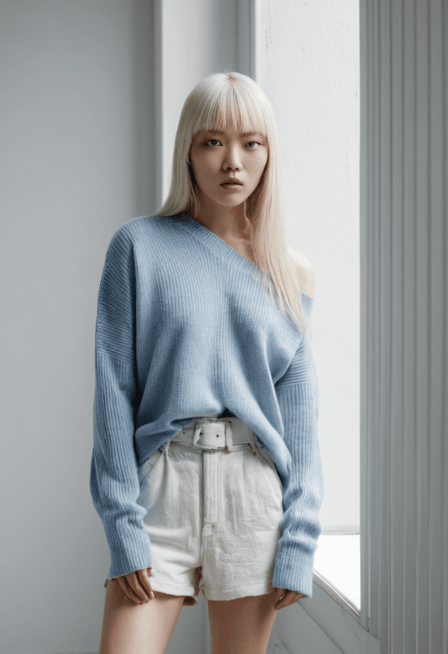 Adjusting the knit in blue-grey morning light