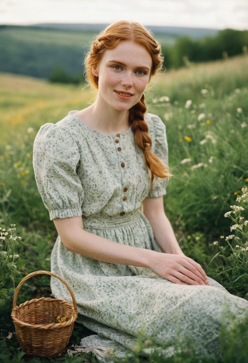 Imagen natural de una bella IA serena sonriendo en un sendero de flores silvestres | Flos