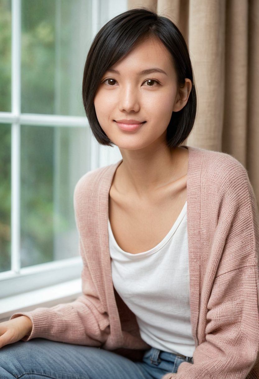 AI beauty in a window seat, natural light portrait β Akari