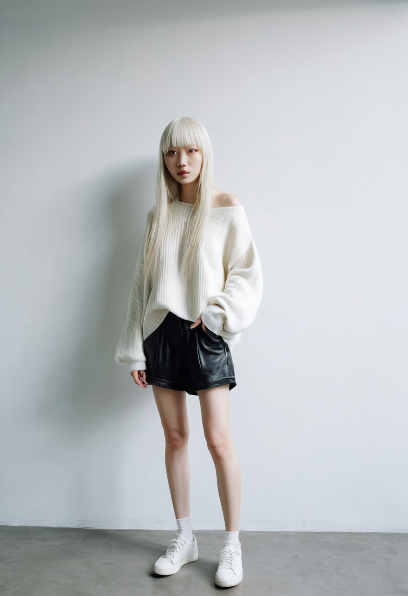 Imágenes de Yuki: una bella IA en ropa de casa, de pie bajo la luz de la mañana.