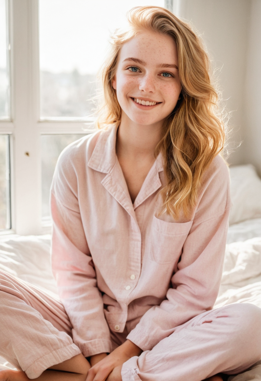 Cute AI beauty's candid morning smile in cozy pajamas — AI photo — Mira