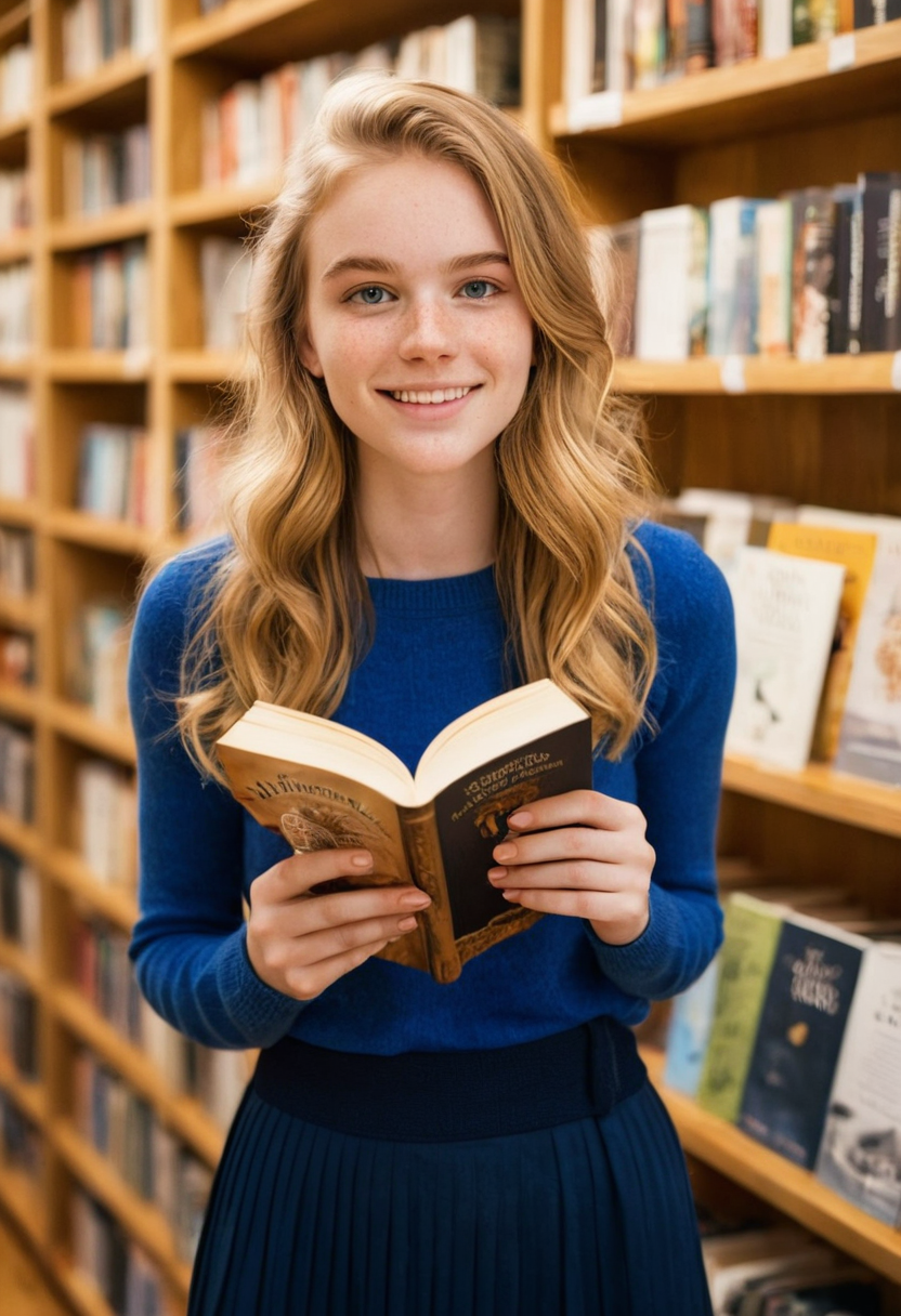 Candid AI beauty in a quiet bookstore, pensive profile β AI photo β Mira