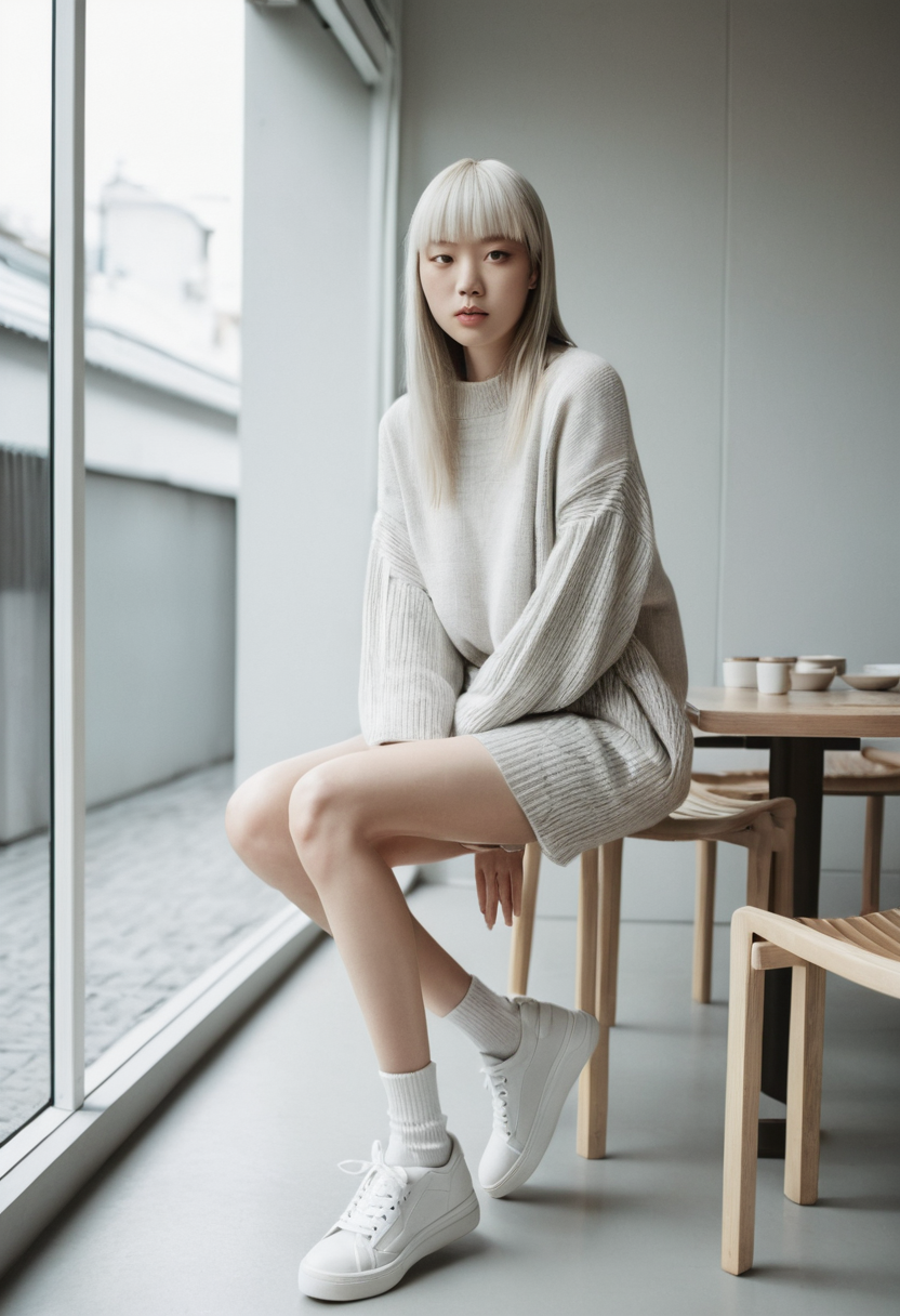Imagen de una bella IA a la moda, sonriendo en un suéter junto a la ventana en Daikanyama | Yuki